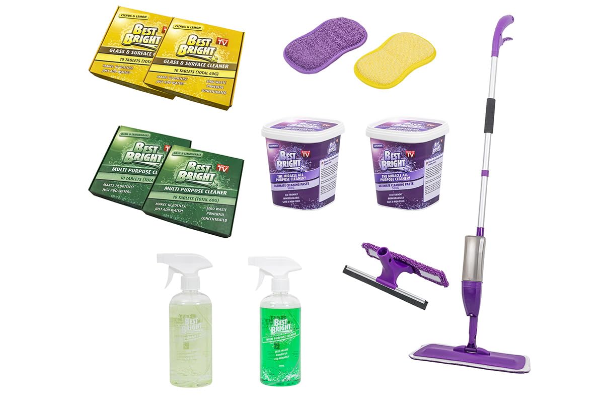 Best Bright - Juego de 13 mopas de limpieza con función de espolvoreo, con microesponja, sistema de limpieza completo para cocina, baño, suelos, cristal, limpieza de ventanas, pastillas de limpieza