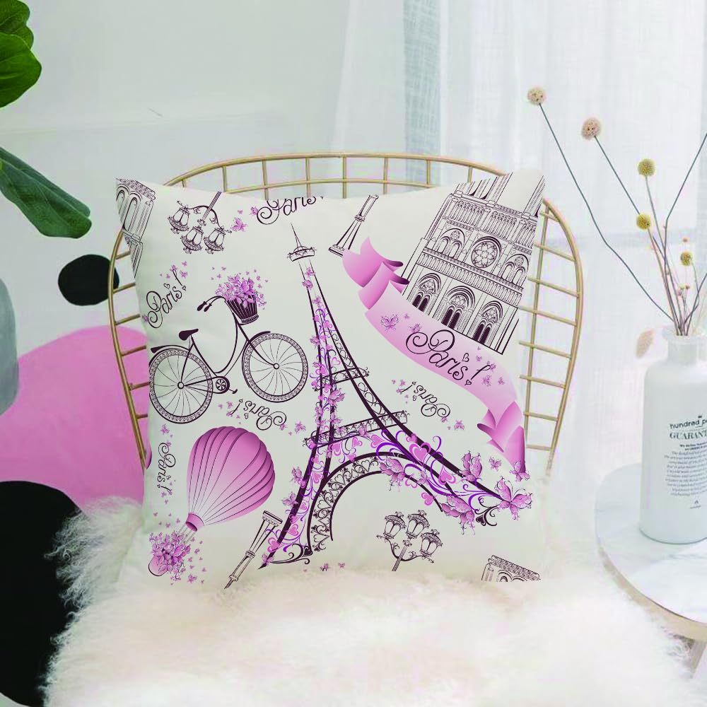 HYMSXW Cushion Cover,Throw Pillow Case Home Decorative for Living Room Bedroom Sofa Chair 20X20 Inch,Eiffel Tower Paris with Pink Flowers and Butterflies Hot Air Balloon,Pillowcase 50X50cm