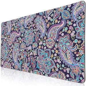 Alfombrilla para mouse con estampado floral de cachemira, tapete de escritorio para escritorio, con flores moradas, tamaño XXL, grande, antideslizante, con bordes cosidos, impermeable, para