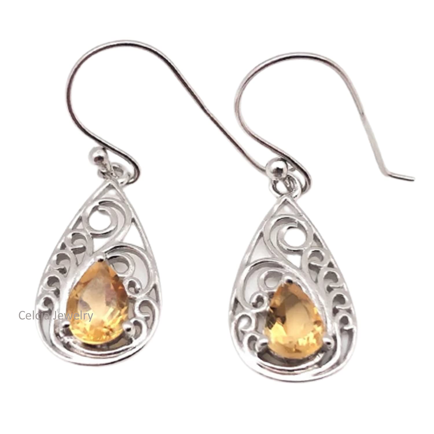 Pendientes colgantes de lágrima colgantes de plata de ley 925 maciza para mujer, pendientes únicos de piedra natal de noviembre con piedra preciosa de pera facetada de citrino natural