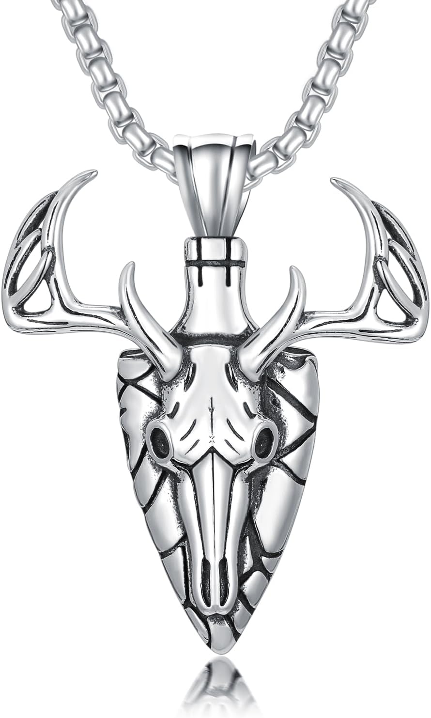 Arrowhead Necklace for Men 925 Sterling Silver Deer Pendant Necklace Hunting Necklace Deer Antler Jewelry for Birthday Christmas