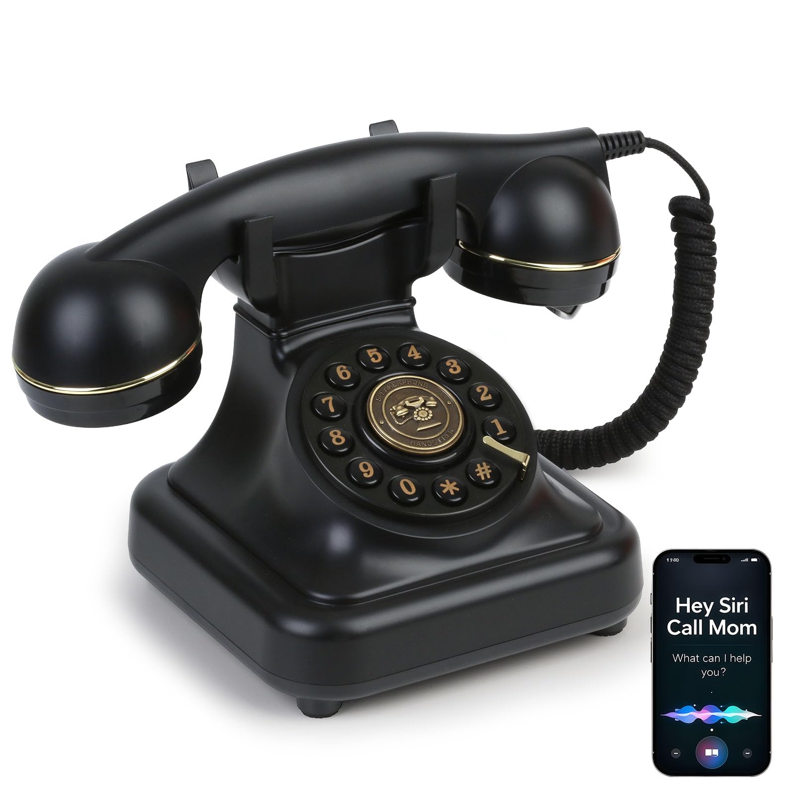 Photo 1 of Sangyn Bluetooth Retro Landline Phone with Voice Assistant, Compatible with Android & iOS, Wireless Physical Home Telephone with Speakerphone & Volume Control, Black