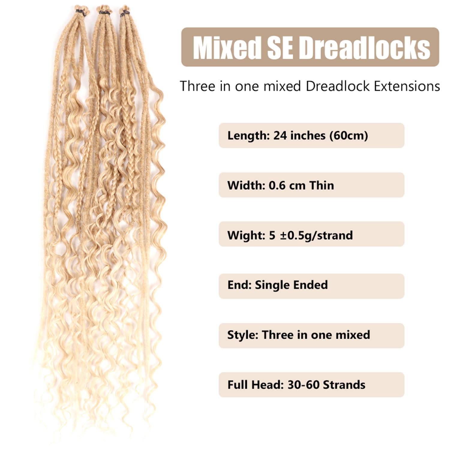 24 Inch Synthetic Dreadlock Extensions Hippie Single Ended Dreads 0.6 cm Width Loc Extensions Reggae Style Crochet Hair for Women (27/613 - Image 2