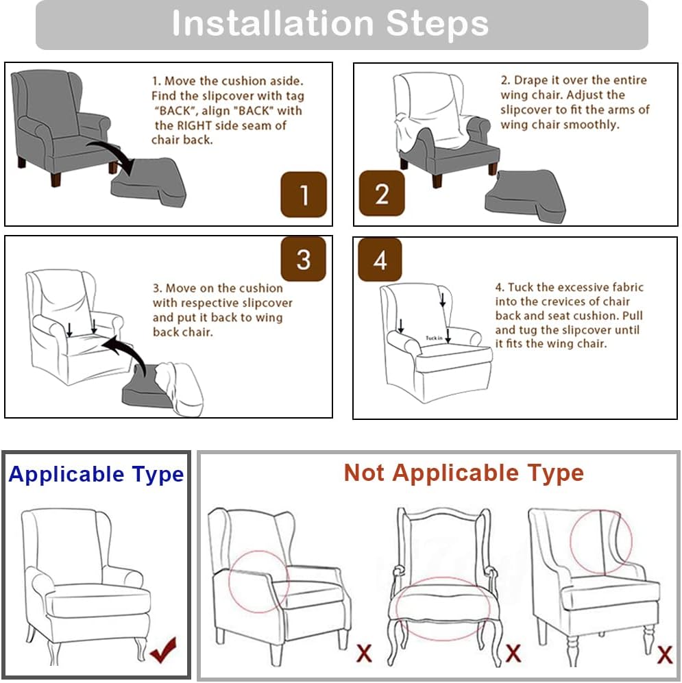 Wingback Chair Cover, 2 Piece Stretch Chair Slipcovers, Stretch Armchair Sofa Covers, Non-Slip Wingback Slipcover with Elastic Bottom, Seat Furniture Protector for Bedroom Hotel(Blue,Check)