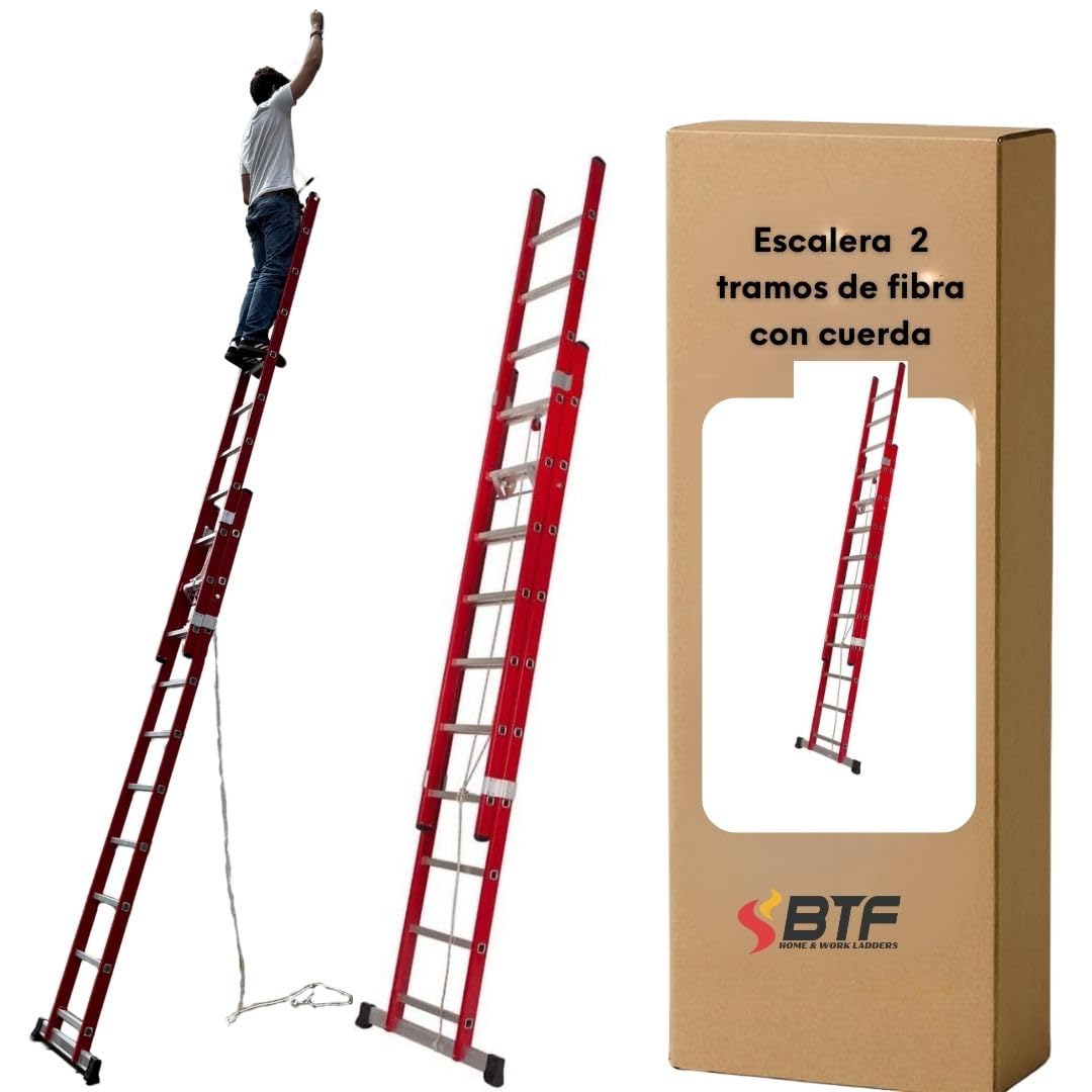 BTF | Escalera de Fibra de Vidrio 2 tramos 3,5 MTS, de 12 peldaños x Tramo | Escalera Extensible por Cuerda | Altura alcanzable Aprox. 7,0 Metros | Certificada EN131 - Carga 150 kg. BTF-EDFEC6635