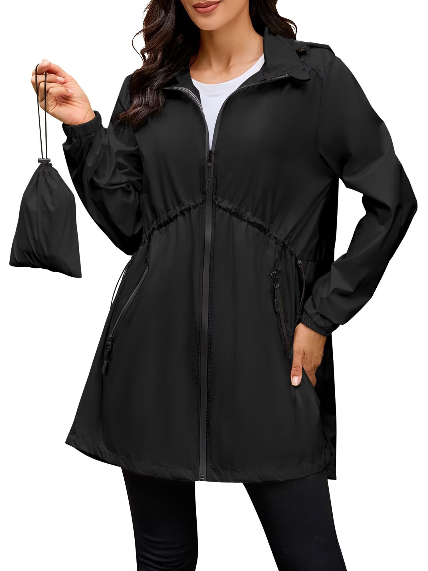 PITINAN Rain Coats For Women Lightweight Long Light Packable Rain Jacket Women Hooded Black Windbreaker Jackets Waterproof Jacket Womens Black S
