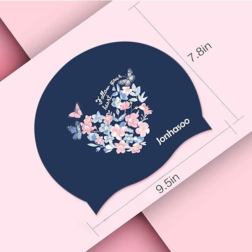 Miniatura 2 de Jonhasoo Gorro de natación para mujer, gorro de natación de silicona para cabello largo con estampado de flores