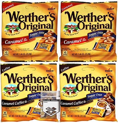 Werthers Sugar Free Hard Candy - 2 Bags Each Flavor | Original Hard Candy And Caramel Coffee Hard Candy | 1.46 Ounce Bags | Bundle With Ballard Products Pocket Bag #TOP7