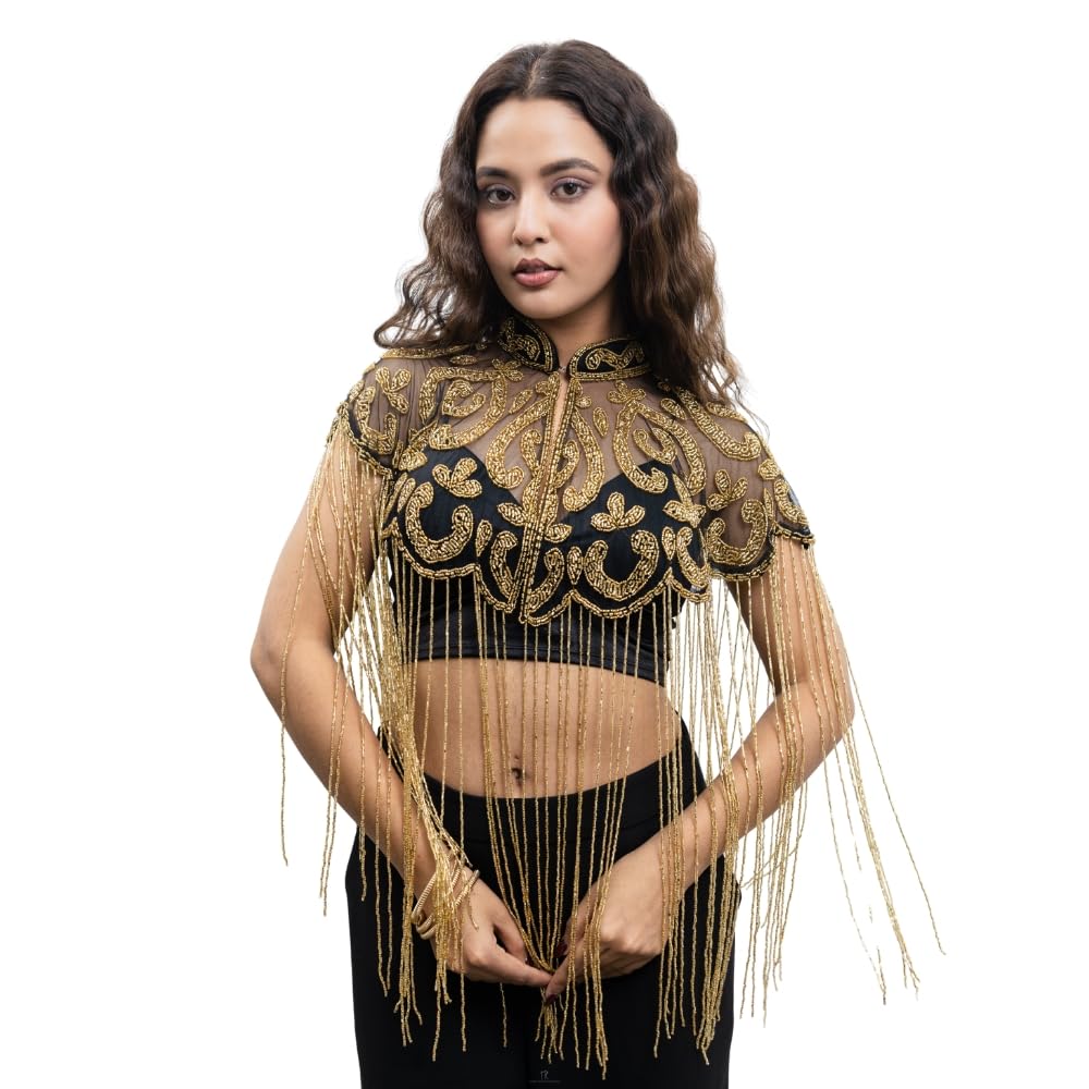 Women’s Gold Embroidered Fringe Cape with Soft Net and Tubelight Cutdana Handwork | Free Size Designer Capelet for Ethnic and Fusion Outfits-image-6