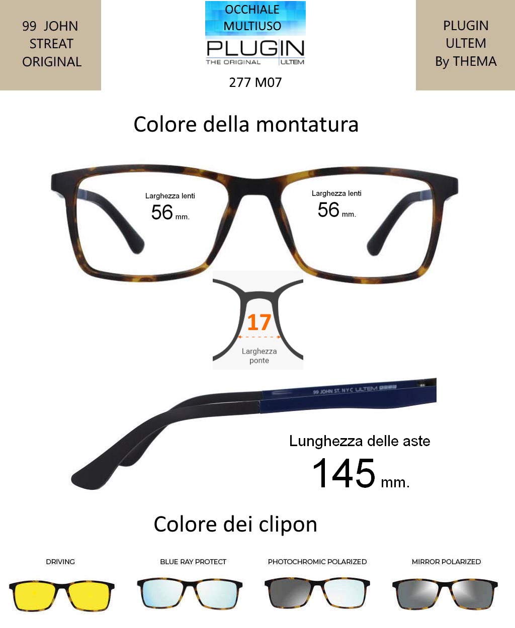 Ultem THEMA U-277 Colore M07 TARTARUGATO Montatura per occhiali da vista e sole + 4 CLIP-ON Linea Original “99 John St NYC” Genere UOMO