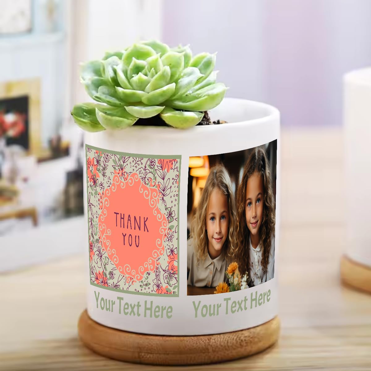 Customized Ceramic Flower Pot with Bamboo Drainage Tray - Add Photos and Text to Personalize - Use as Planter, Desktop Organizer, or Toothbrush Holder