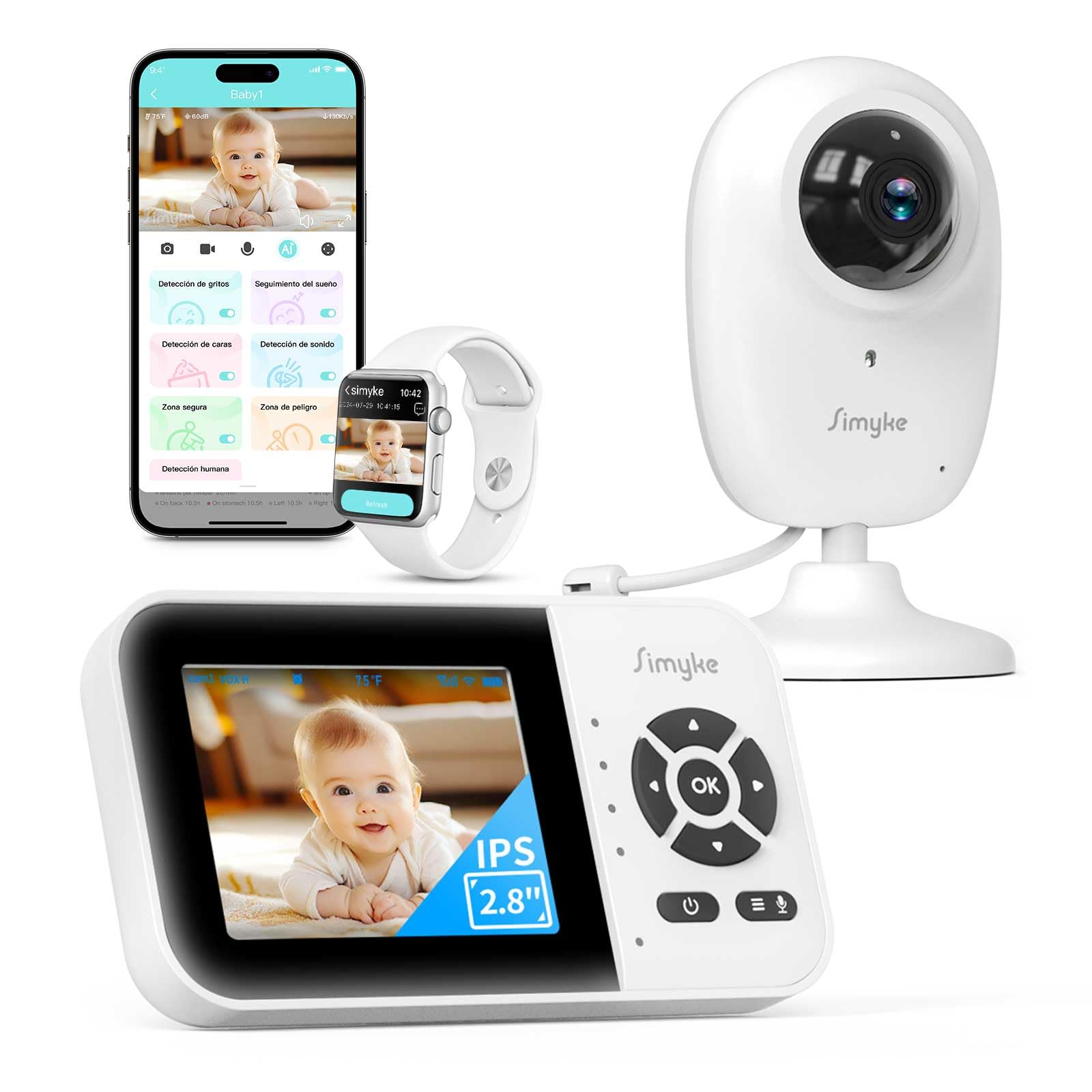 Monitor de Bebé Inteligente con Cámara y Audio, Modo Doble, Interruptor WiFi, Pantalla de 2.8 Pulgadas, App, Cámara 1080p, Alcance de 450 Metros, Visión Nocturna, Comunicación Bidireccional