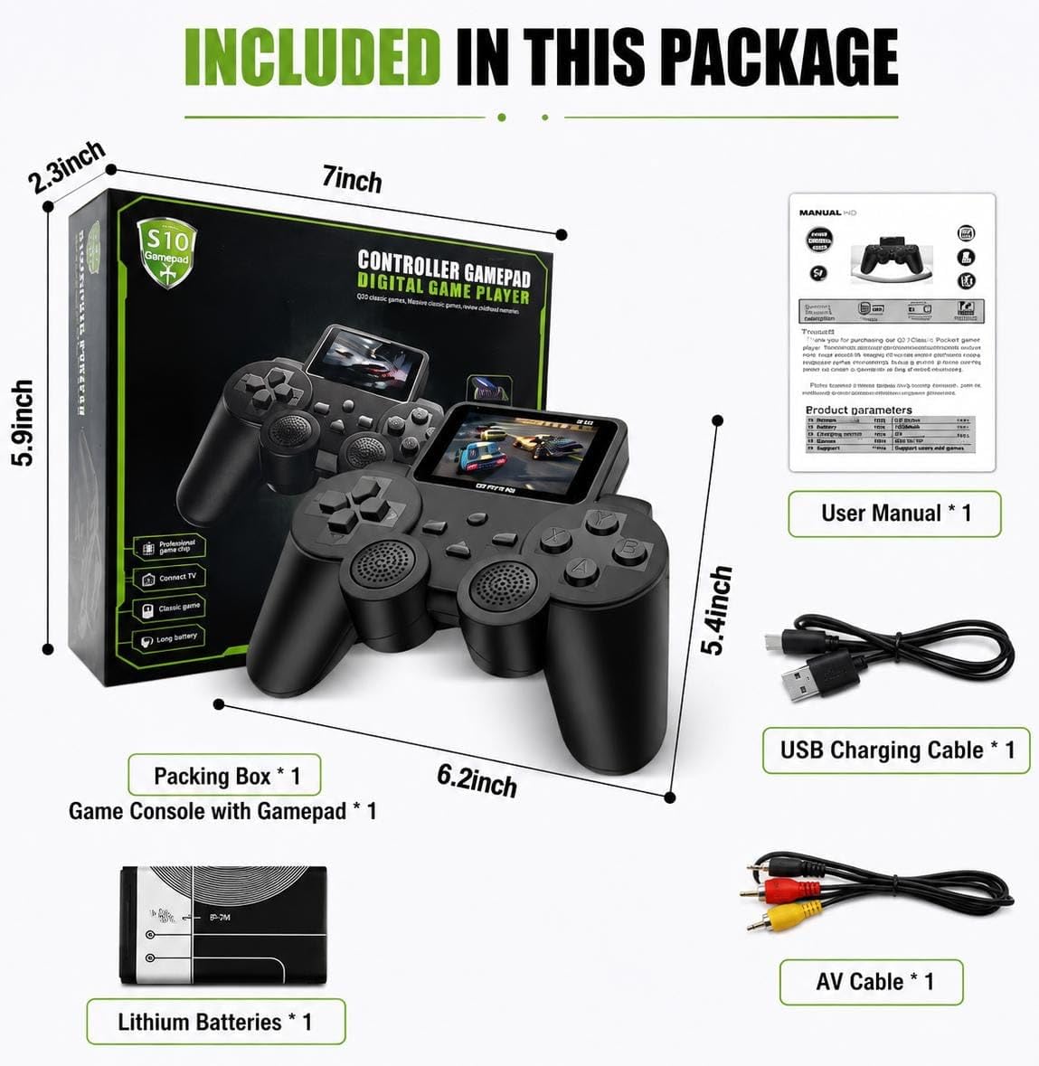 s10 gamepad controller digital game player with built-in screen | tv output, usb charging cable
