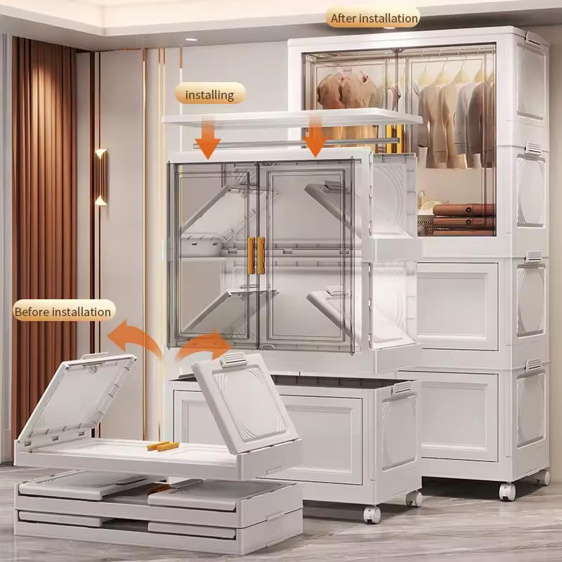 Image of EXVITO 2 Tier Stackable Kitchen Storage Drawer Organizer Cabinet with Transparent Doors, Multi-Layer Storage Bin, Space-Saving Pantry Organizer, Cupboard for Clothes, Storage Rack - Off White