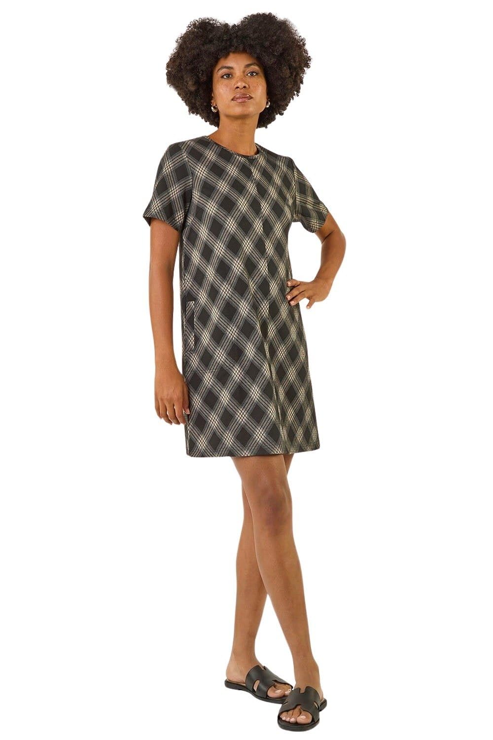 Roman Originals Check Print T-Shirt Stretch Dress for Women UK - Ladies Everyday Autumn Winter Round Neckline Comfy Soft Evening Vacation Work Party Night Out - Grey - Size 20