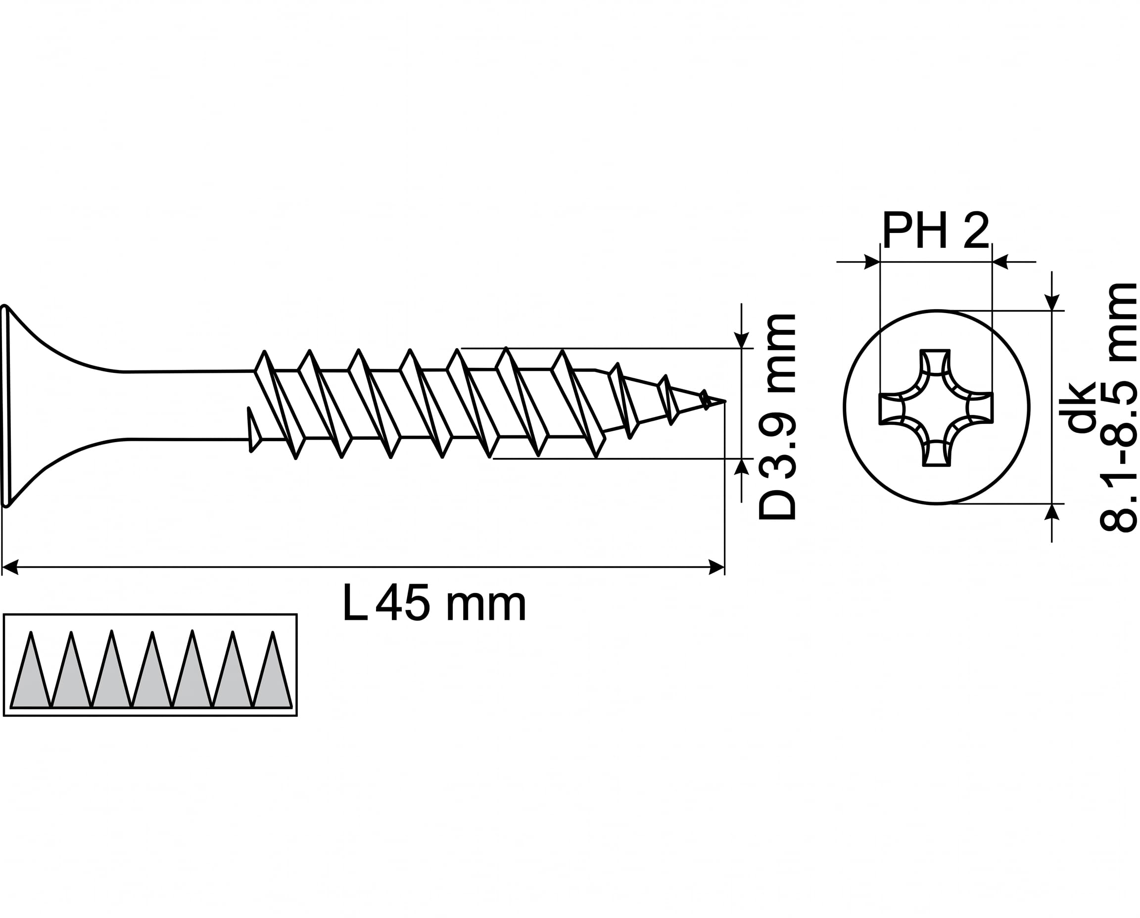 Schnellbauschrauben Feingewinde 3,9 x 45 mm, 3000 Stück, EN 14566, Stahl phosphatiert, Trompetenkopf PH2, für Gipskarton auf Metallprofilen bis 1,0 mm