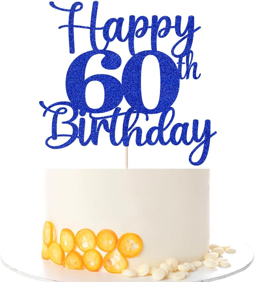 Kaoenla Glitter Happy 60th Birthday Cake Topper,Hello 60?Cheers to 60 Years,60th Anniversary /60 years old birthday Party Decor (60th, blue) Blue 60th