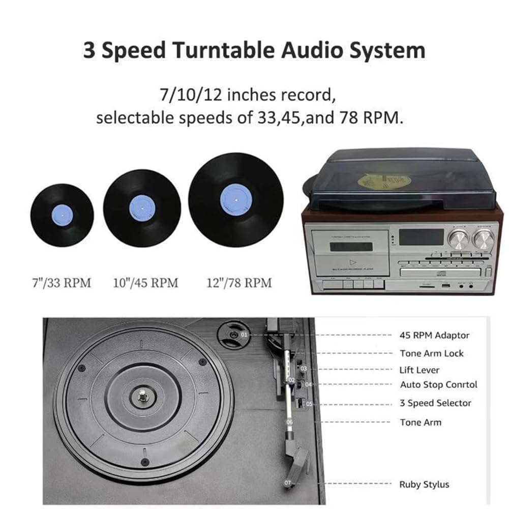 Giradischi Bluetooth 10 in 1 in vinile giradischi, lettore di cassette CD, 33/45/78 giri/min, altoparlanti integrati, pannello di controllo per l'intrattenimento domestico