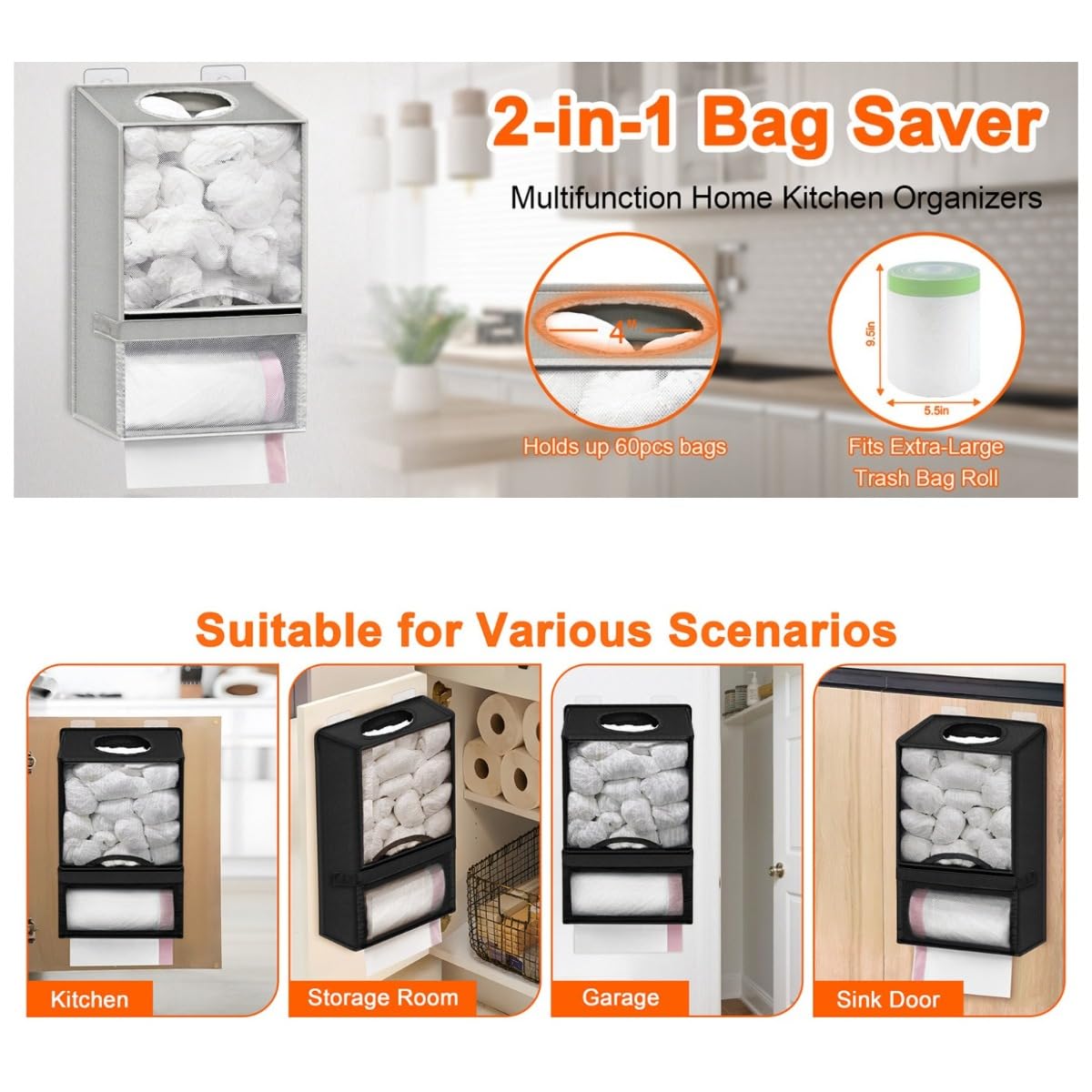 Organizador de bolsas de malla extragrande 2 en 1, dispensador de bolsas de basura, organizador de almacenamiento colgante sin taladrar para bolsas de plástico, soporte para bolsas de comestibles con