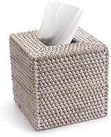 YANGQIHOME Hand Woven Rattan Tissue Box Cover - Square Wicker Holder, 5.5x5.5x5.7 Inch Whitewash, Eco-Friendly Decor