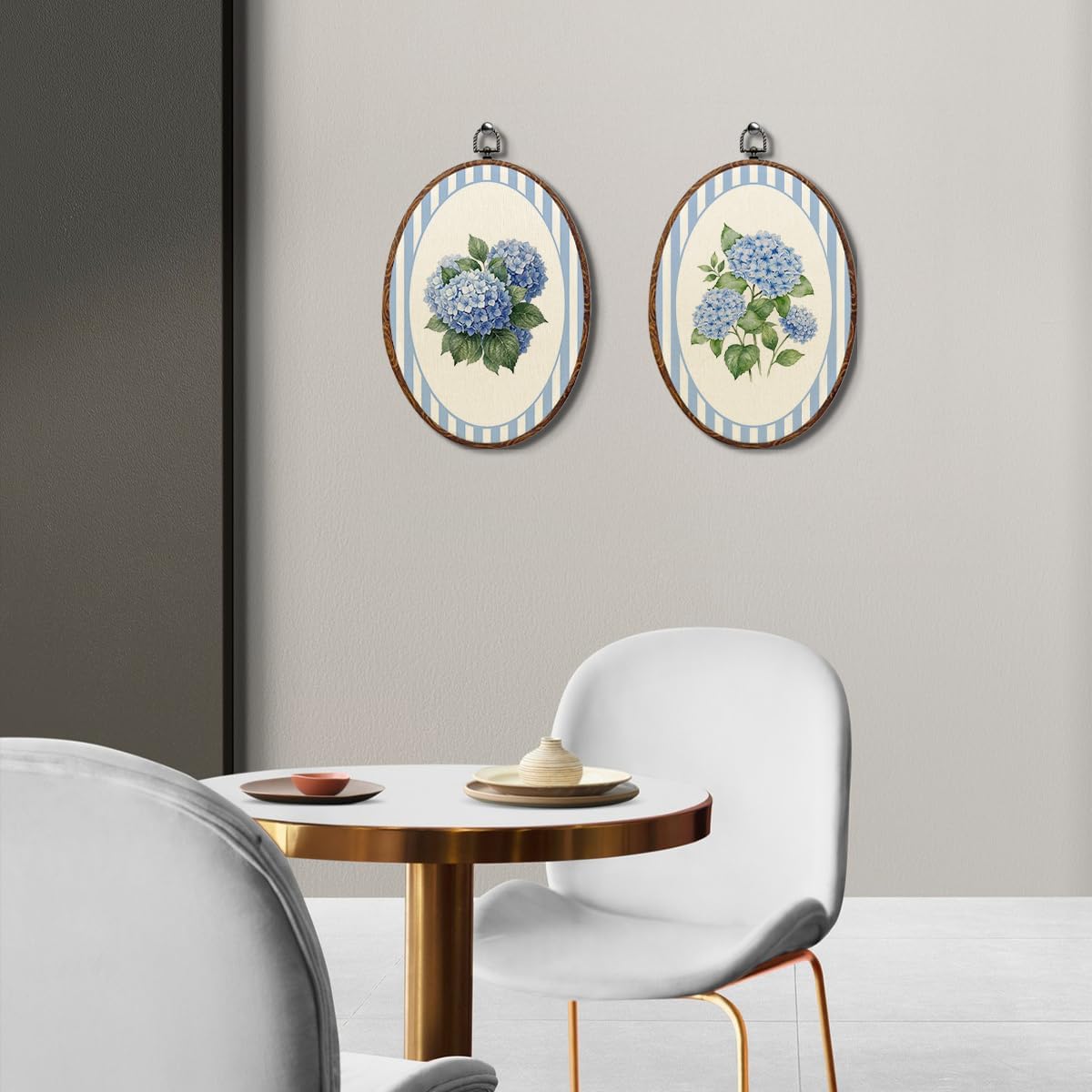 Blue Striped Hydrangea Oval Framed Wall Art, Vintage Floral Canvas Art Prints Wall Decor, 2PC, Rustic Cottagecore Hydrangeas Hanging Decor Artwork for Home Bedroom Living Room Gallery Office 8.3X12 image 4