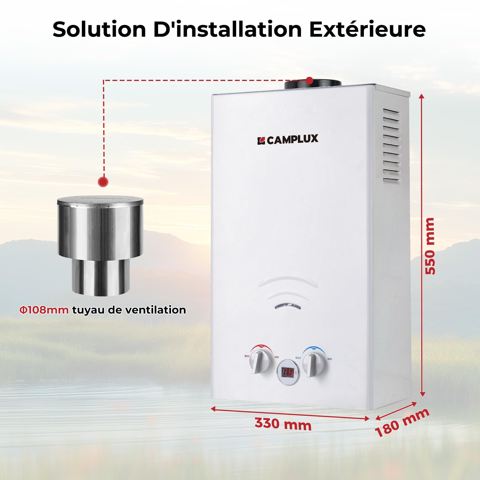 CAMPLUX BW264C 10 Litres Chauffe-eau à Gaz, Butane (28-30 mbar)/ Propane (37 mbar), avec Couvercle de Pluie, pour le Camping/RV