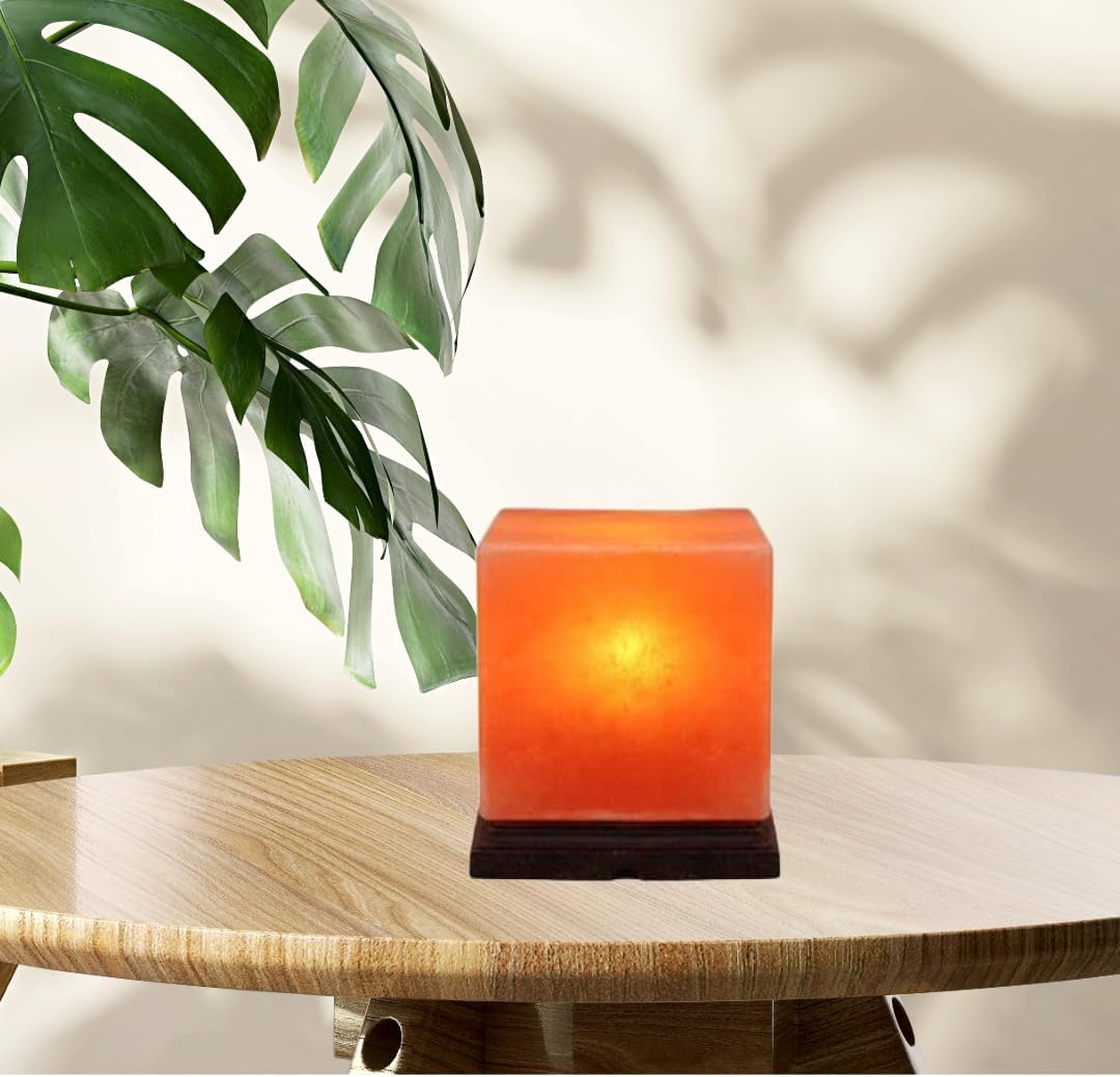 Himalayan Pink Salt Lamp 8 x 6 x 6 Inches – Cube Shape Natural Crystal Rock Salt Lamp with Dimmer Switch & Extra Bulb – Warm Amber Glow Night Light for Bedroom, Office & Living Room