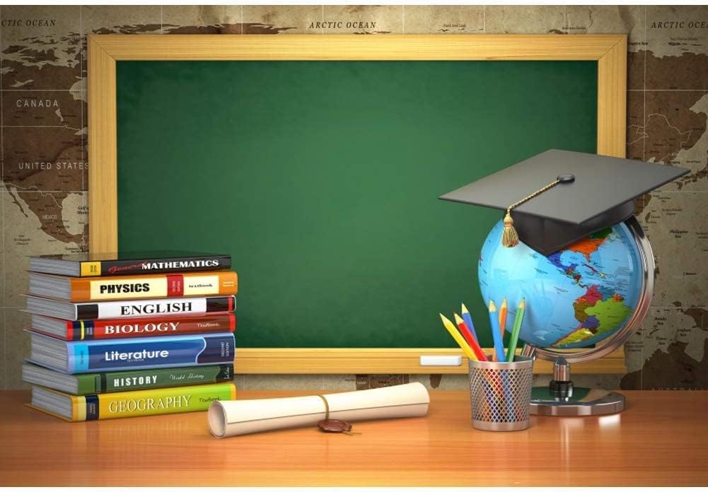 CSFOTO 5x3ft Blackboard Backdrop Back to School Backdrop Books Tellurion Online Teaching Backdrop Graduation Background Teach Online Decor Background