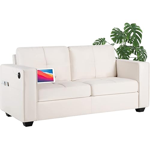 TYBOATLE Morden Linen Fabric Sofa Couch w/ 2 USB, Comfy Mid-Century Upholstered 2/3 Seater Loveseat, Wide Arms Small Couches for Living Room, Bedroom, Office, Apartment, 65"(Beige)