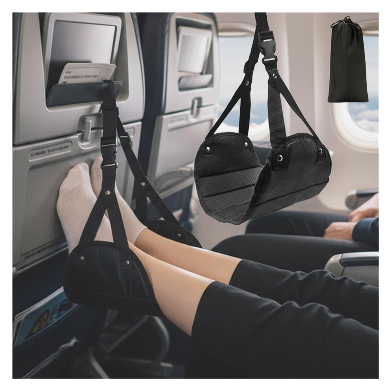 Fußhängematte, tragbar, verstellbare Beinhängematte mit bequemer Fußstütze für Flugzeug, Büro und Auto, Reisen, Unterstützung und Entspannung für lange Flüge, Büro, unter dem Schreibtisch, Marineblau