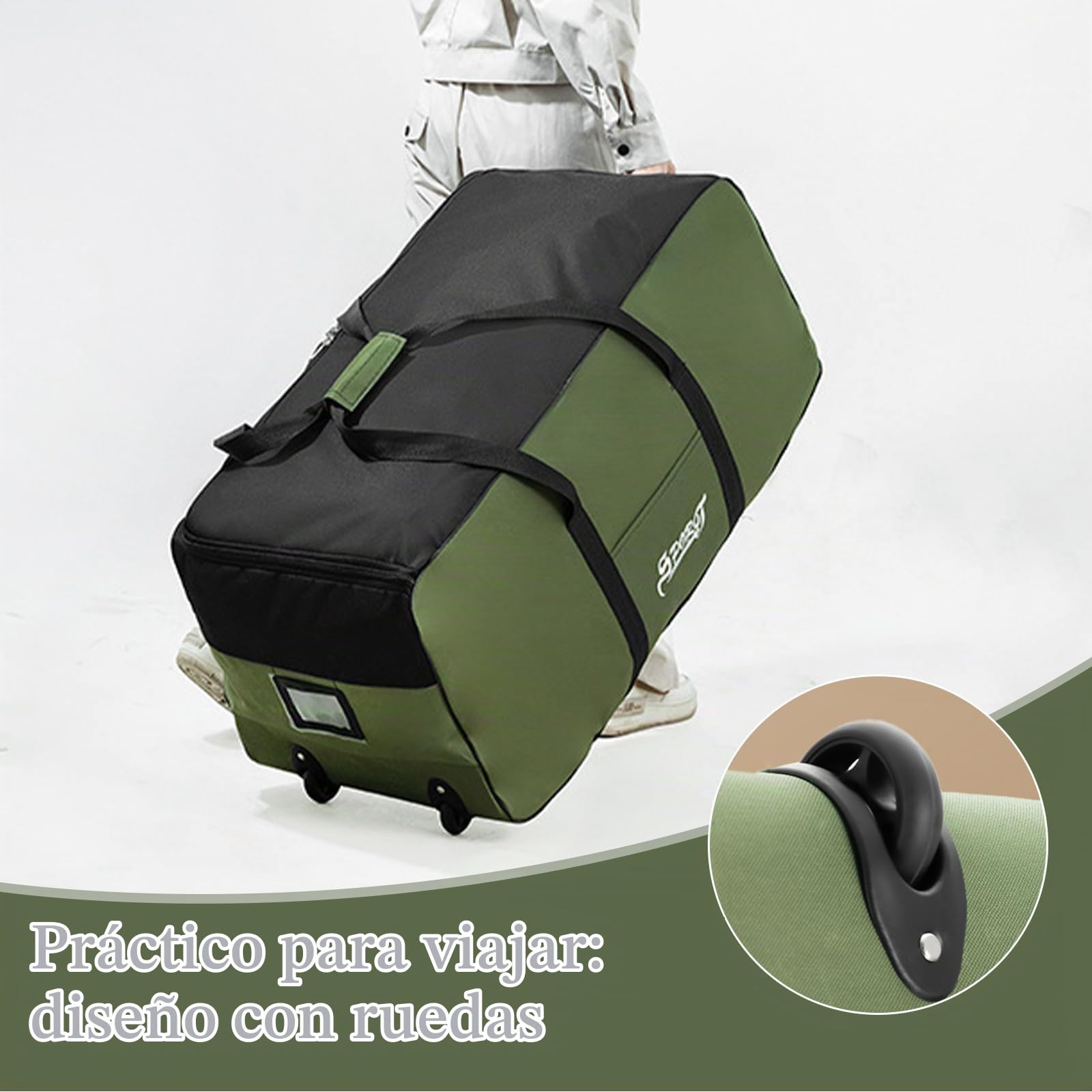Bolsas de Viaje Grandes con Ruedas, 120L Bolsa de Deporte con Ruedas Impermeable, Bolsa Fin de Semana Plegable para Mujer Hombre, Bolsa Gimnasio para Viajes Deporte, 80x40x40cm (Verde)