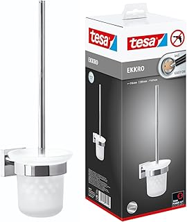 tesa EKKRO WC-Garnitur, satiniertes Glas und verchromter Edelstahl - Toilettenbürsten-Set zur Wandbefestigung ohne Bohren, inkl. Klebelösung - 145 mm x 112 mm x 379 mm
