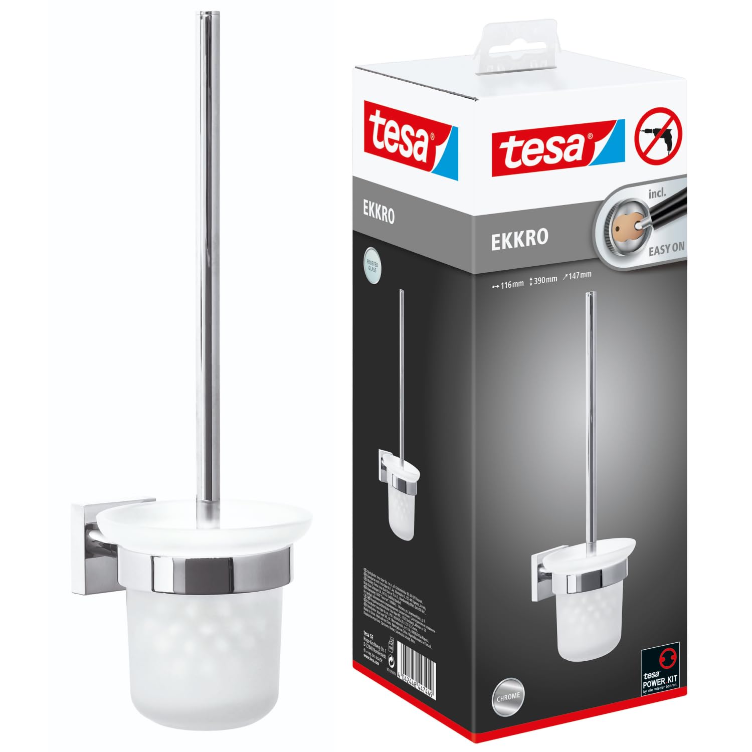 tesa EKKRO WC-Garnitur – Wandmontage ohne Bohren, Satin-Glas & verchromter Edelstahl