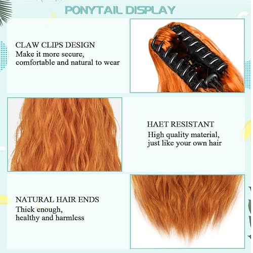 Miniatura 5 de Extensión de cola de caballo ondulada con clip de garra, cola de caballo ondulada de maíz de 22 pulgadas, pelo sintético naranja, cola de caballo