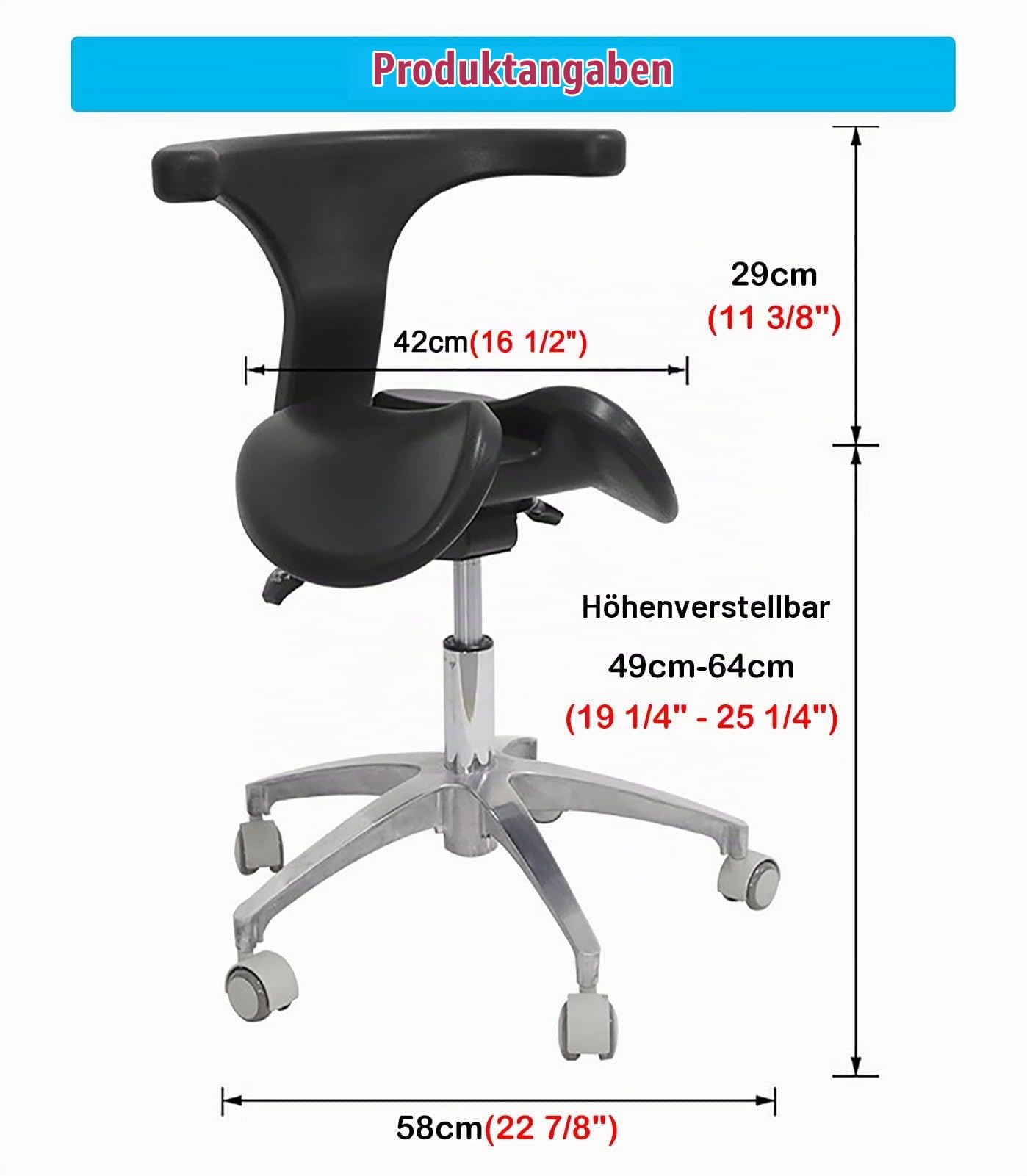 Sattelhocker Dental-Rollstuhl, Geteilter Sitz, Schwarz, Ergonomischer Geteilter Sattelstuhl mit Rückenlehne, 19"-25" Lift-Salon-Rollhocker, Drehbarer Bürostuhl