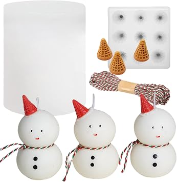 Christmas Snowman Silicone Candle Molds Set, 2 Cute Candle Molds and Woolen Thread, DIY Xmas Theme Resin Mould for Home Party Decoration, Handmade Soap Bath Bomb Lotion Bar Chocolate Jello