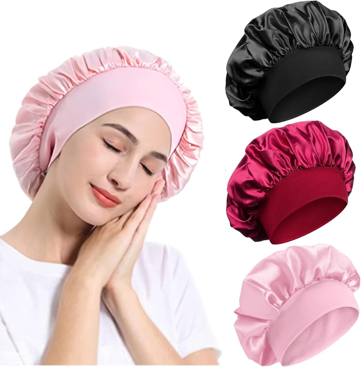 Azonee 3Pcs Satin Bonnet Silk Bonnet Soft Satin Head Scarf with Wide Elastic Band for Curly Hair, Hair Bonnet Silk Hair Wrap Hat Headwear Head Cover Turbansfor Sleeping, Night Sleep Cap for Women