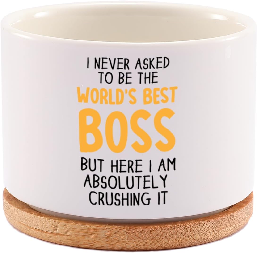 I Never Asked to Be The World's Best Boss Funny Boss Gifts Ceramic Succulent Plant Pots with Bamboo Tray Round Employee Gifts Plant Lover Home Office Decor 3.5 Inch White (No Plants) image 2