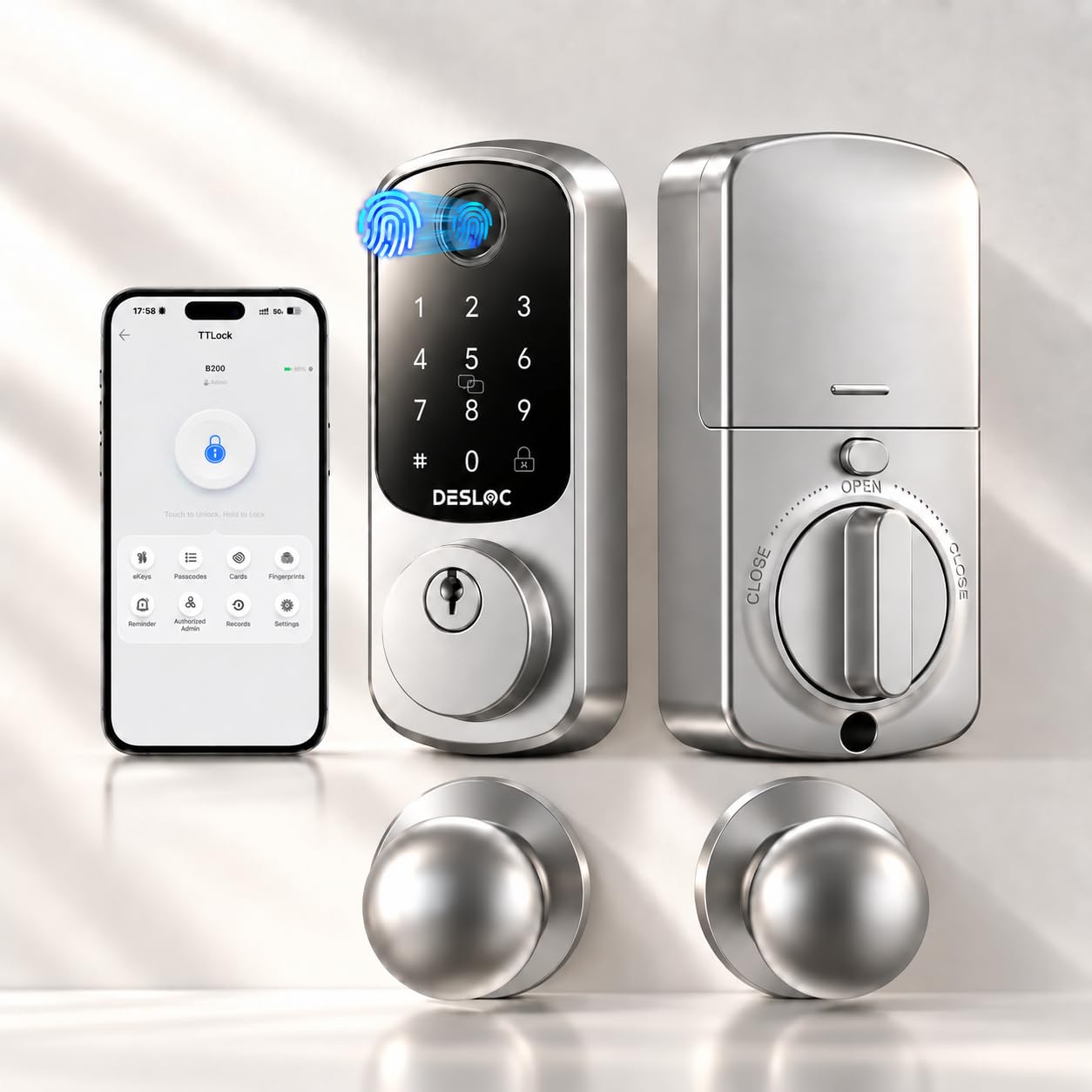 Keyless Entry Door Lock, Fingerprint Smart Lock, Smart Locks for Front Door, App Control DESLOC B200 Fingerprint Smart Lock with 2 Knobs, Child Safe Design