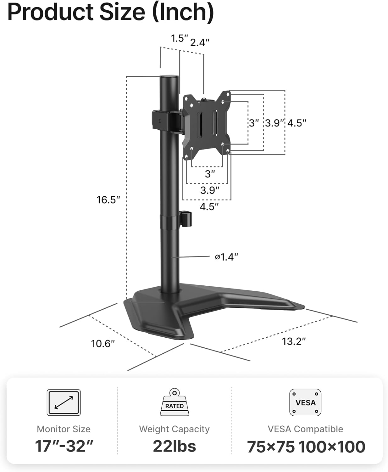 monTEK Stable Single Monitor Stand, Freestanding Monitor Arm for 17 to 32 inch & 22lbs Capacity Screen, Adjustable Height Desk Mount with Swivel and Tilt, VESA 75x75/ 100x100mm