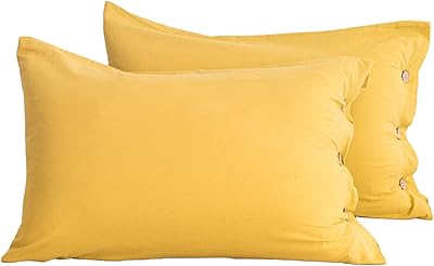 JELLYMONI Yellow 100% Washed Cotton Standard Pillowcases Set, 2 Pack Luxury Soft Breathable Pillow Covers with Button Closure(Pillows are not Included)