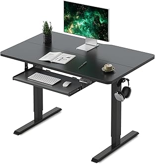 FEZIBO Height Adjustable Electric Standing Desk with Keyboard Tray, 100 x 60 cm Sit Stand up Desk with Splice Board, Black Frame/Black Top