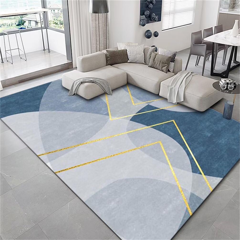 Tapis de salon bleu 180x230 cm lavable à rayures dorées pour couloir et chambre d'enfant
