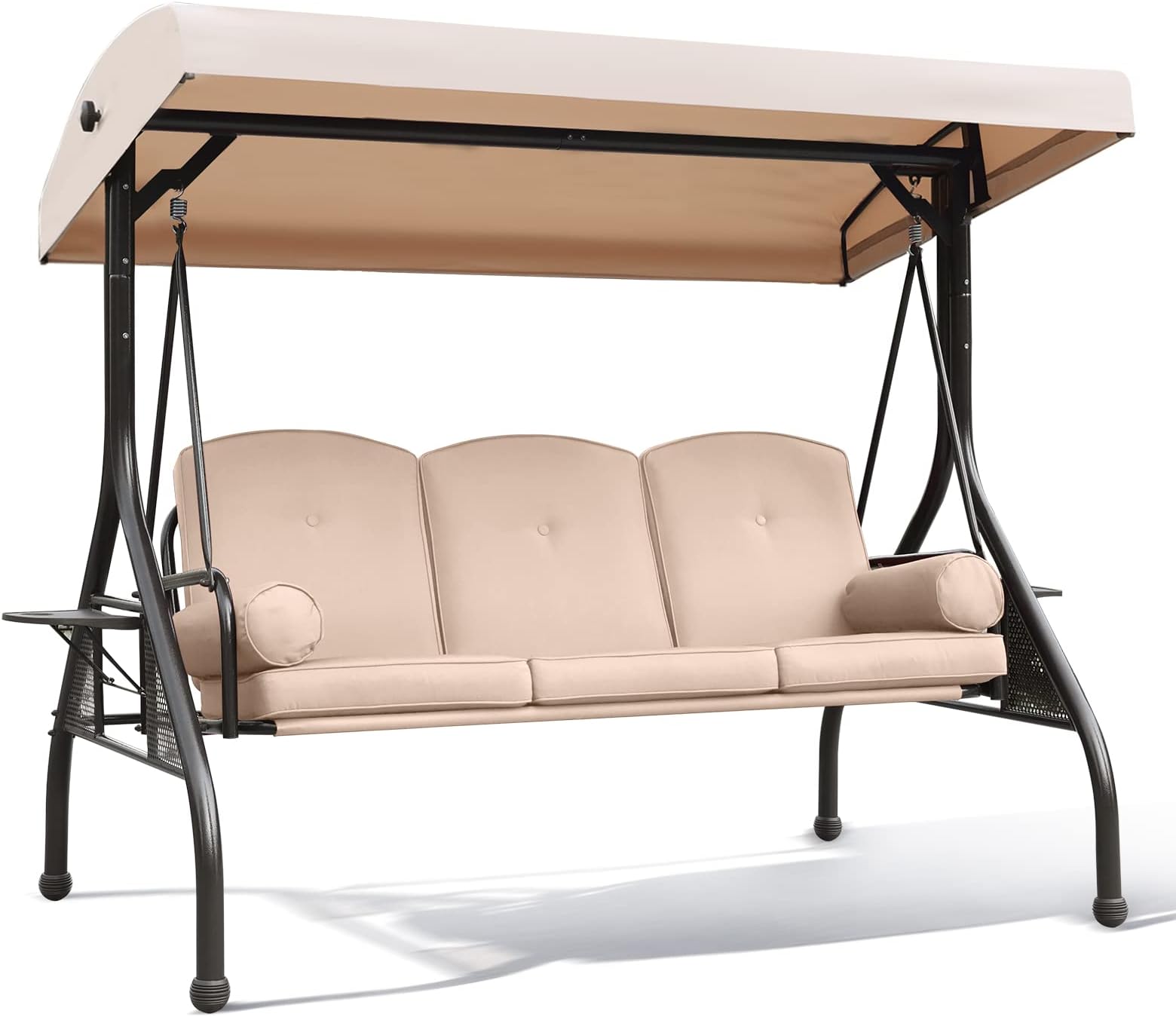 NOBLEMOOD Outdoor Porch Swing with Canopy, 3 Seat Freestanding Metal Patio Porch Swing Bed with Cushions and Cup Trays for Backyard Outside Deck Lawn (Wine Red A)