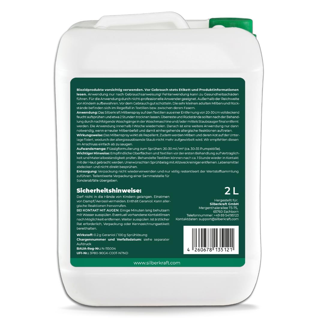 Silberkraft Milbenspray Sofa Textil 2L Kanister - Anti Milben Spray für Polstermöbel Couch Kissen - Hausstaubmilben vertreiben auf Textilien