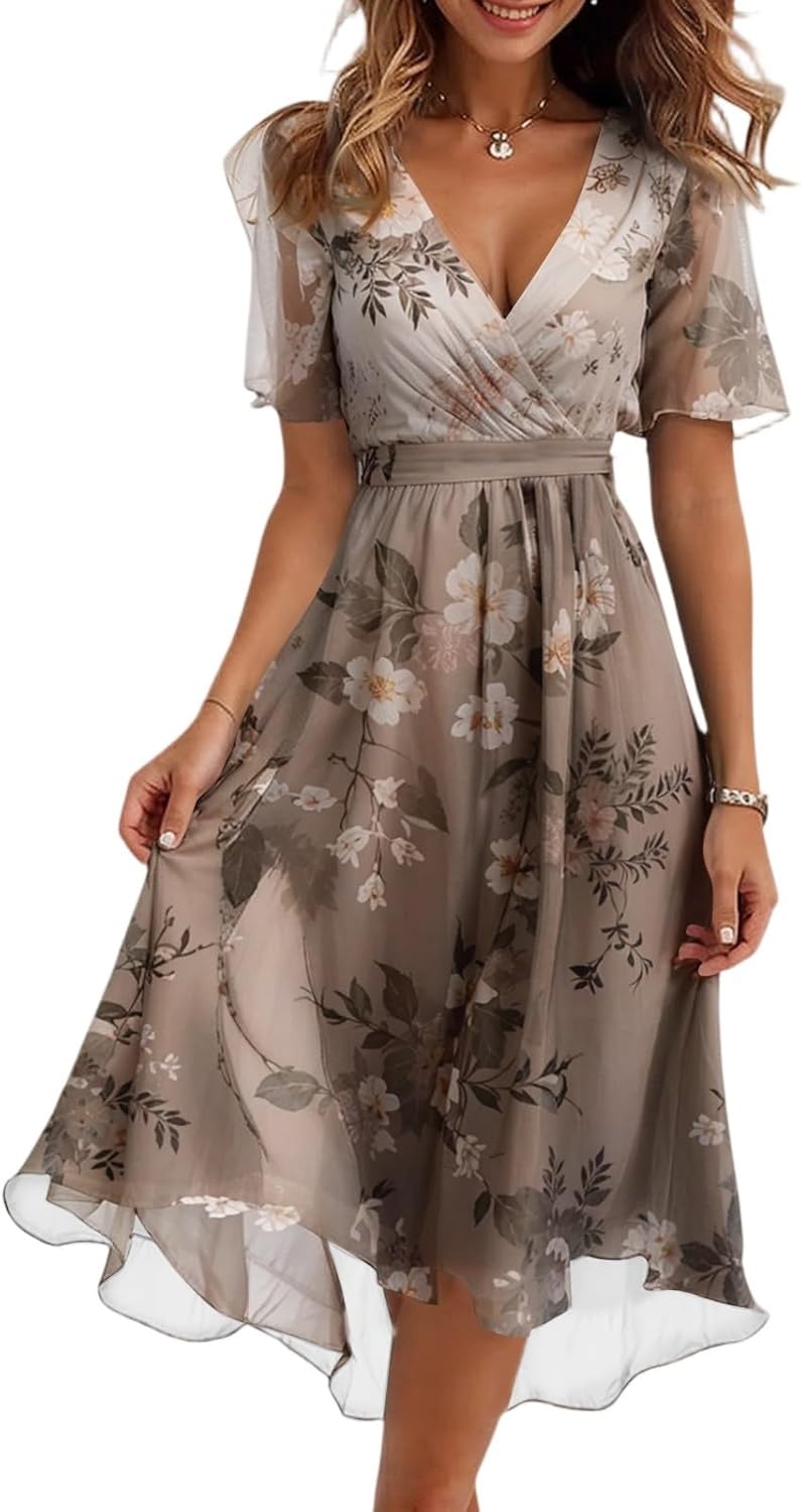 Floral Chiffon Midi Cocktail Dresses for Women 2025 Elegant Classy Summer Beach Flowy Sexy Deep V Neck Wrap Dress