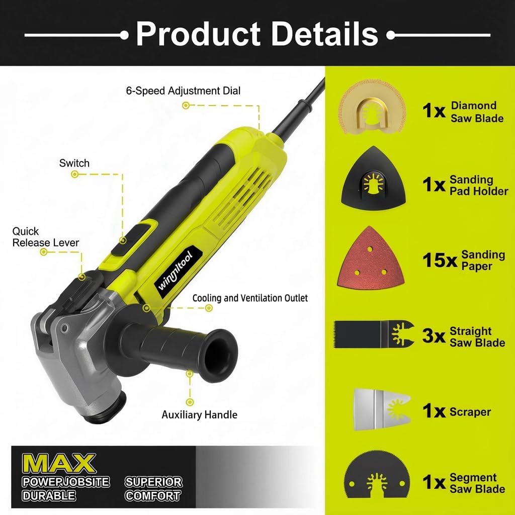 Electric Oscillating Tool, 2.5-Amp Oscillating Multi Tool with 3.2° Oscillation Angle, 7 Variable Speeds and 26 pcs Saw Accessories, Auxiliary Handle and Carrying Bag(Green)