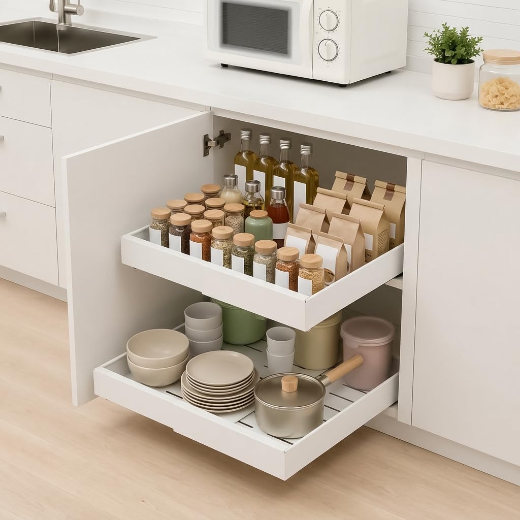 LEIBOU 2 Pack Expandable Pull Out Cabinet Organizer, 20.87'' Deep Pull Out Drawers for Cabinets,Upgrade 3 Slide Rails Slide Out Drawers,No Drill Roll Out Shelves,Adjustable Width 12.20"-20", White