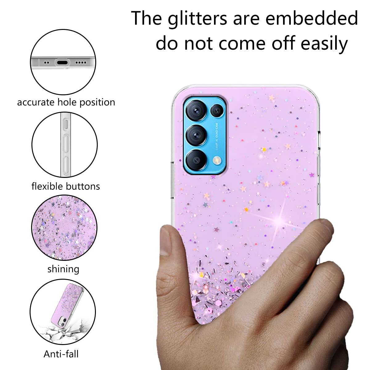 Custodia Glitterata Per Oppo Find X3 Lite - Copertina Protettiva In TPU Con Fodera Morbida - Viola - 5