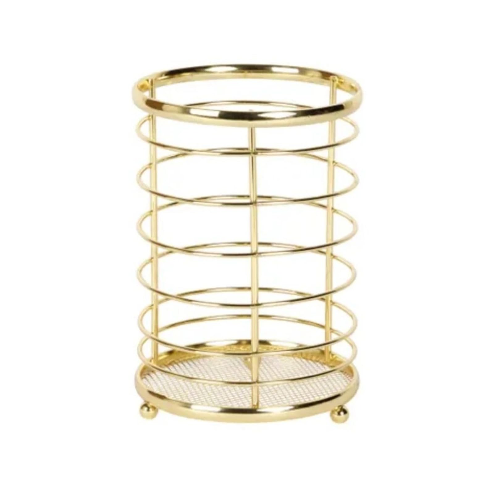 Pnjb Gold Round Cutlery & Utensil Holder, Stainless Steel, Wire Basket Organizer, Multipurpose, Accessory Stand With Stable Base, Organizer For Kitchen, Dining & Countertop,17Cm